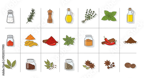 Collection of various cooking spices and herbs in jars and containers.