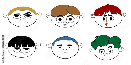 Set of six cartoon boy faces with different emotions and hairstyles.