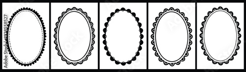 Black and White Fun Scallop Frame Oval Set. Flat Hand Drawn Borders.