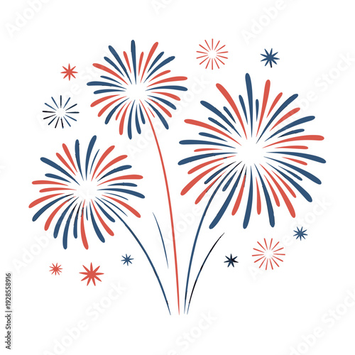Colorful fireworks display in red and blue on white background