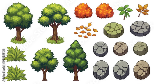 A vibrant set of pixel art nature assets featuring diverse trees, bushes, leaves, and various textured rock formations for digital landscapes.