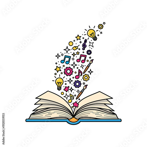 An open book releasing creative symbols and ideas into the air, illustration of imagination and inspiration.