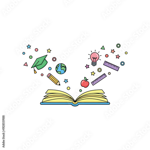 An open book surrounded by colorful education symbols and icons on a white background