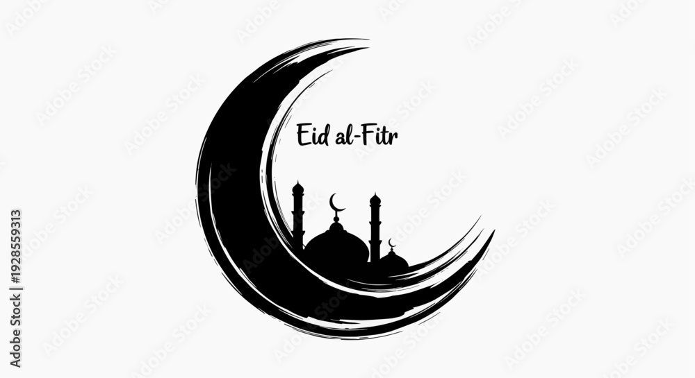 Obraz premium Vector black silhouette and for Ramadan Mubarak with crescent moon, mosque, and hanging lantern, isolated on white background.