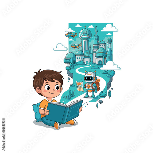 Young boy engrossed in reading a book with imaginative robotic adventures unfolding in a fantastical landscape