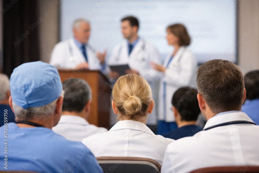 Obraz premium Rear view of doctors and nurses listening to a lecture at a medical conference with blurred speakers in background.