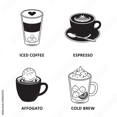 Illustration of various coffee drinks including iced coffee, espresso, affogato, and cold brew, perfect for coffee shop menus and promotional materials.