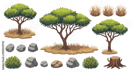 A diverse collection of stylized natural elements including various trees, bushes, rocks, and grass patches, designed for outdoor scene composition.
