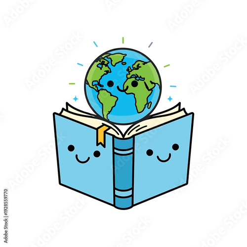 A smiling blue book with a glowing earth on top, symbolizing global knowledge and education in a playful illustration.