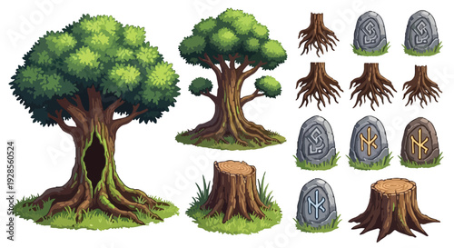 Stylized vector art collection of forest elements including two trees, various tree stumps, exposed roots, and ancient runic stones.