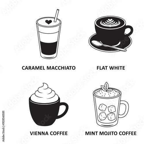 Illustration of various coffee drinks including caramel macchiato, flat white, vienna coffee, and mint mojito coffee on a white background.