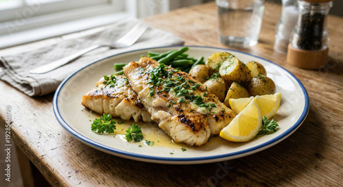 Pan-Seared White Fish Fillet with Roasted Potatoes, Green Beans, and Lemon Garnish created with Generative AI Technology, ai, generative
