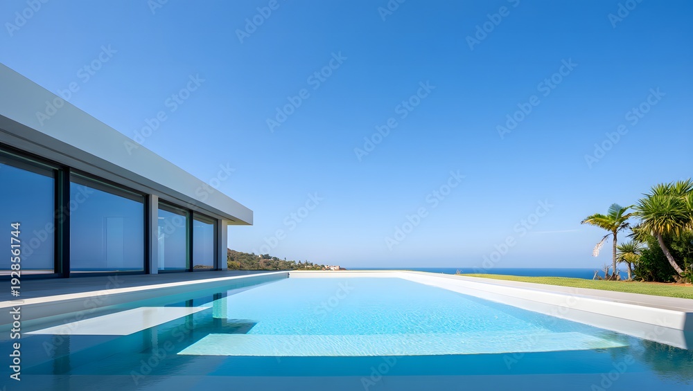 Fototapeta premium Modern architecture featuring a luxurious infinity pool overlooking the beautiful blue ocean