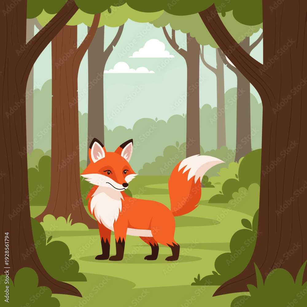 Obraz premium A charming illustration of a red fox standing alertly in a lush green forest clearing, framed by tall trees.