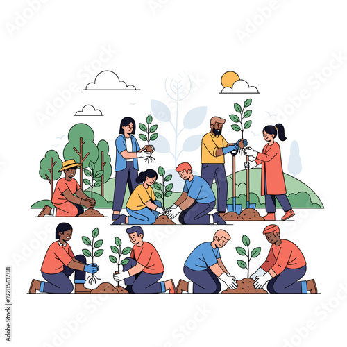 Diverse group of people planting trees together in a park, symbolizing environmental conservation and community effort.