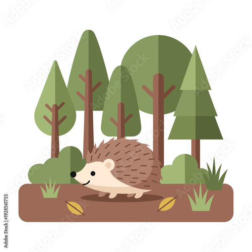 A cute flat design illustration of a hedgehog walking through a stylized forest with green trees and bushes on a white background.
