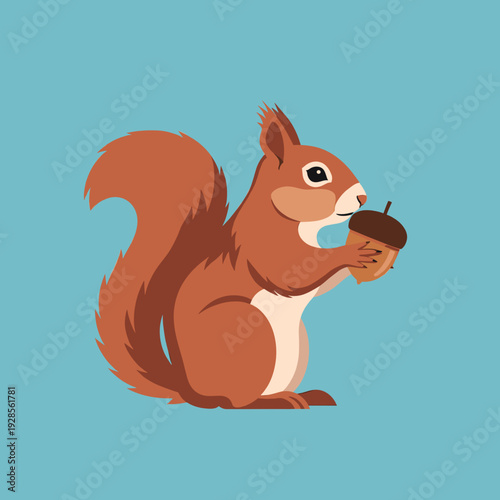 A cute cartoon illustration of a brown squirrel holding an acorn against a plain blue background, showcasing its bushy tail.