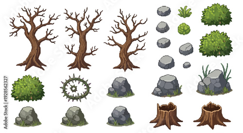 A collection of pixel-art style nature elements featuring bare trees, green bushes, various rocks, a thorny vine, and tree stumps on white.