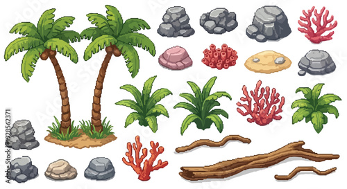 Pixel art game assets featuring tropical palm trees, various rocks, colorful corals, green plants, sand patches, and driftwood.