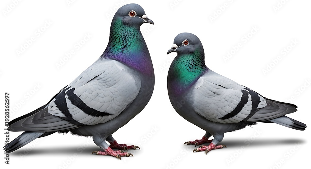 Fototapeta premium Two pigeons standing side by side on a white background, looking alert.