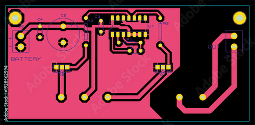 Vector printed circuit board of electronic 
device with components of radio elements, 
conductors, contact pads placed on pcb. 
Engineering  technical drawing. 