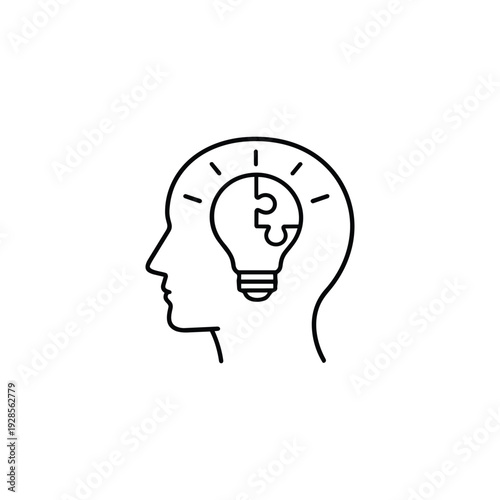 Problem solving concept with human head and lightbulb puzzle outline black and white vector icon for creativity innovation and ideas
