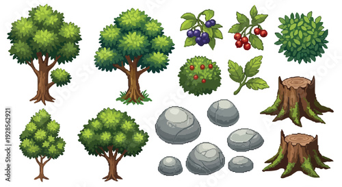 A versatile collection of cartoonish nature elements, including various trees, bushes, berries, rocks, and tree stumps, ideal for game design.