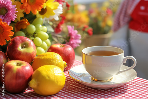 Colorful fruits grapes apples lemons and a cup of tea on a checkered tablecloth