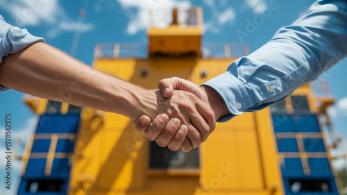 Business partners shaking hands in front of a yellow crane against a bright blue sky
