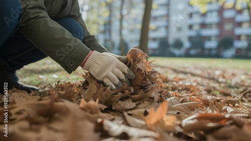 Person wearing gloves gathers fallen autumn leaves in a park on a sunny day