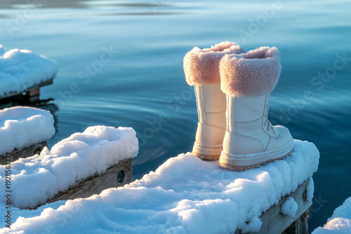 White winter boots sit on a snow covered wooden dock overlooking a calm blue water