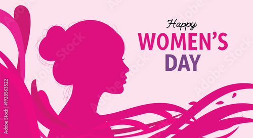 Pink silhouette of woman's profile with flowing ribbons and text