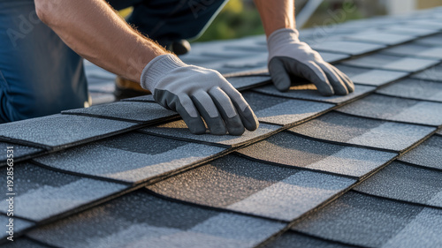 Roofer installing dark gray shingles on a residential roof during daytime work