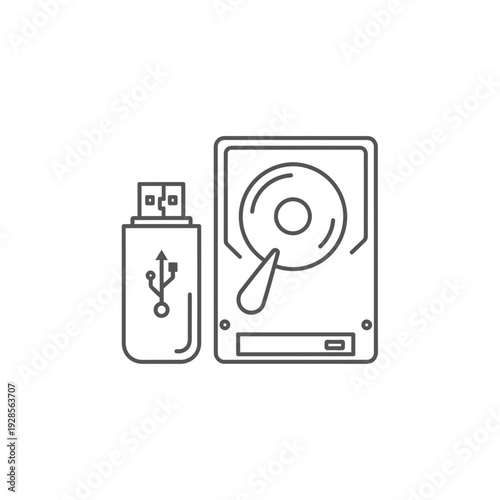 Digital storage devices, including a USB flash drive and a computer hard disk drive, rendered in a minimalist line art style