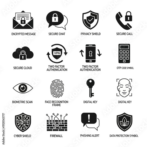 Secure Communication and Data Protection Icons Encrypted Email, VPN, Biometric Scan, Firewall, and More