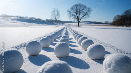 Snowy field with a row of snowballs leading to distant bare trees and hills