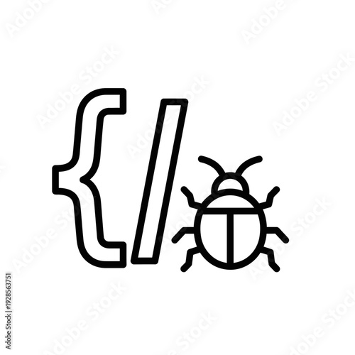 Outline vector illustration of a program bug and code elements, symbolizing software development challenges, error identification, and efficient debugging processes