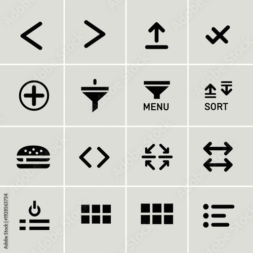 Collection of black solid universal icons for user interface design, including navigation, functions, and actions