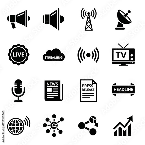 Minimalist flat design vector icons set showcasing essential symbols for digital communication, internet technology, media, broadcasting, social sharing, and business information news