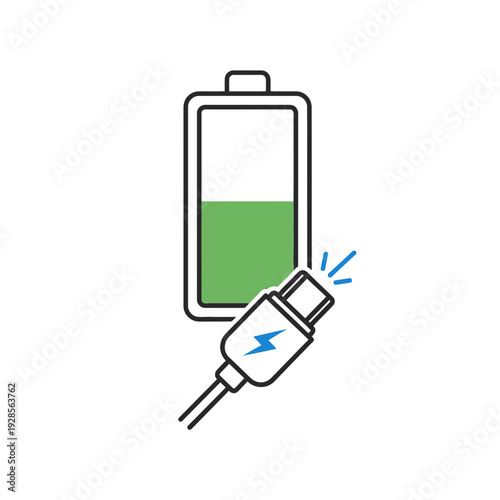 Energy level indicator showing a partially charged battery with a USB-C cable plugged in, symbolizing power and connectivity
