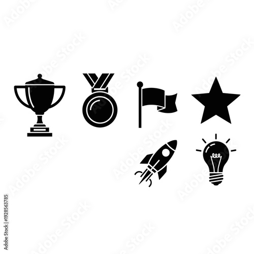 Set of icons representing success, achievement, goals, and innovation, including a trophy, medal, flag, rocket, and lightbulb