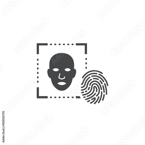 Black solid futuristic icon representing advanced biometric security for digital identification and access control, showcasing facial recognition and fingerprint scanning technology
