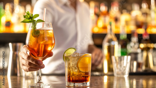A refreshing aperol spritz cocktail with citrus garnish alongside other drinks on a bar