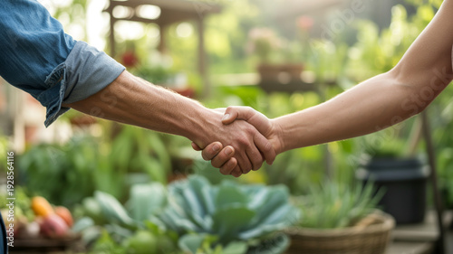 Two people shaking hands in a lush greenhouse surrounded by vibrant greenery and plants