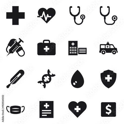 A collection of black solid medical and healthcare icons including a stethoscope, DNA, syringe, heartbeat, hospital, and ambulance on a white background