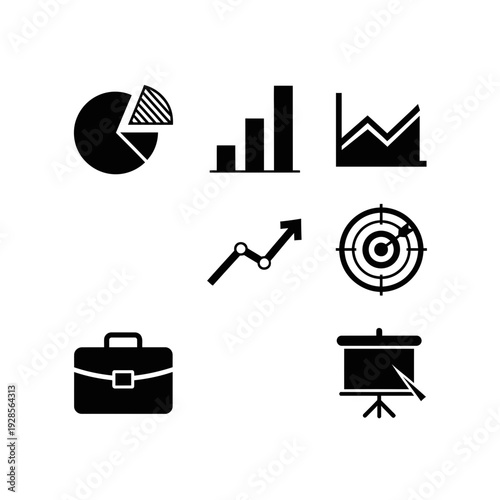 Collection of business and finance icons including charts, graphs, briefcase, and presentation board for analytics and strategy planning