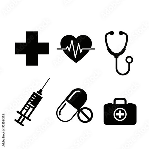 Essential medical and healthcare vector icons set in a clean silhouette design, representing emergency services, treatment, and wellness, ideal for health-related projects