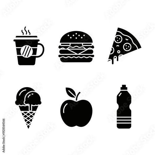 Modern Minimalist Graphic Vector Icons Representing a Variety of Popular Food and Beverage Items Including Healthy Snacks and Fast Food Options in Sleek Black Silhouettes