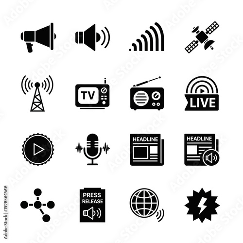 Essential Set of Simple Vector Icons Illustrating Communication, Broadcast Media, Digital Information, and Modern Technology Concepts