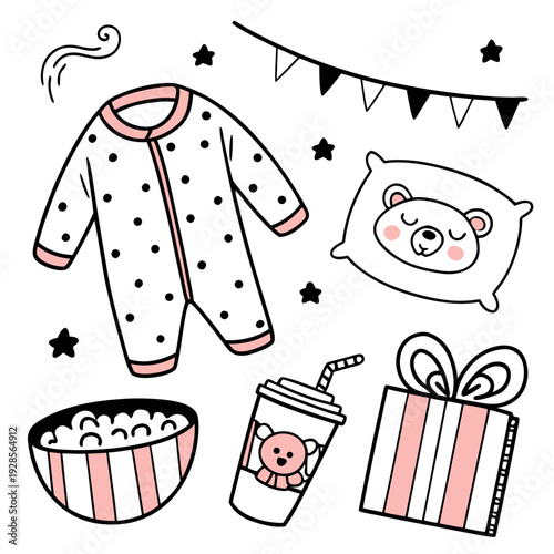 Cute Hand-Drawn Doodle Vector Collection for a Whimsical Pajama Party Theme